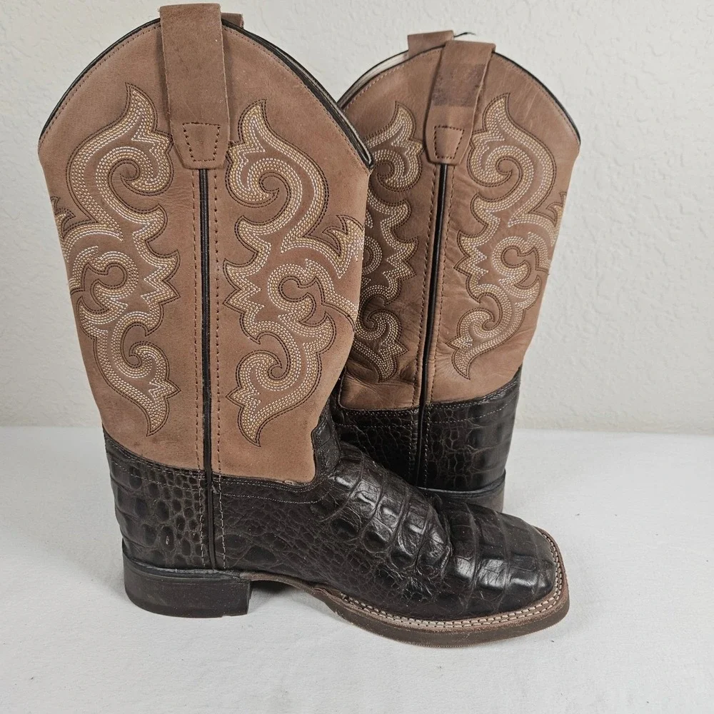 Old West BSY1832 Youth Cowboy Boots Brown Caiman Print Leather Square Toe SZ 4D